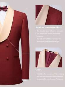 Men's Suit Shawl Lapel Double-Breasted Blazer & Pant Set - Formal 2-Piece Tuxedo With Wafer Knit Texture For Weddings & Black Tie Events - 酒紅色 - 查看 4