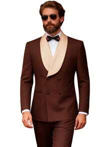 Men's Suit Shawl Lapel Double-Breasted Blazer & Pant Set - Formal 2-Piece Tuxedo With Wafer Knit Texture For Weddings & Black Tie Events - Cà phê nâu - Xem 10