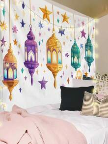 1件开斋节图案印花挂毯，大尺寸装饰挂布，家居装饰，节日礼物，派对装饰，直播背景，适用于客厅和酒店，带安装袋（含配件） - 彩色 - 查看 6