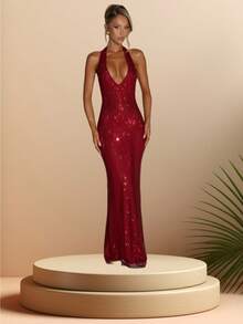 Women's Suspender Wedding Guest Dress Sexy Deep V Sleeveless Neck Dress Temperament Sequins Backless Skinny Evening Dress Waist Hip Dress - 紅色 - 查看 1