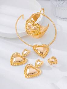 几何3D心形吊坠项链、耳环、手链、戒指首饰套装，优雅女士礼物，派对佩戴