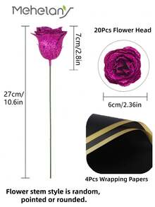 MEHELANY 20支装 2.76英寸闪光玫瑰花束，DIY人造闪光花束，紫红色人造玫瑰，仿真玫瑰，永不凋谢的闪亮人造玫瑰花束，适合周年纪念、订婚、结婚礼物、家居装饰、办公室厨房装饰、派对装饰、房间装饰、情人节装饰、母亲节装饰、送给女友、妈妈、女士的生日礼物（含包装纸）