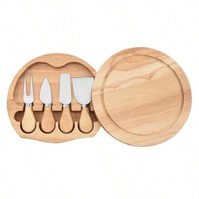 4pcs Stainless Steel & Wooden Handle Cheese Knives Set, Round Rubber Wood Box, Baking Tools