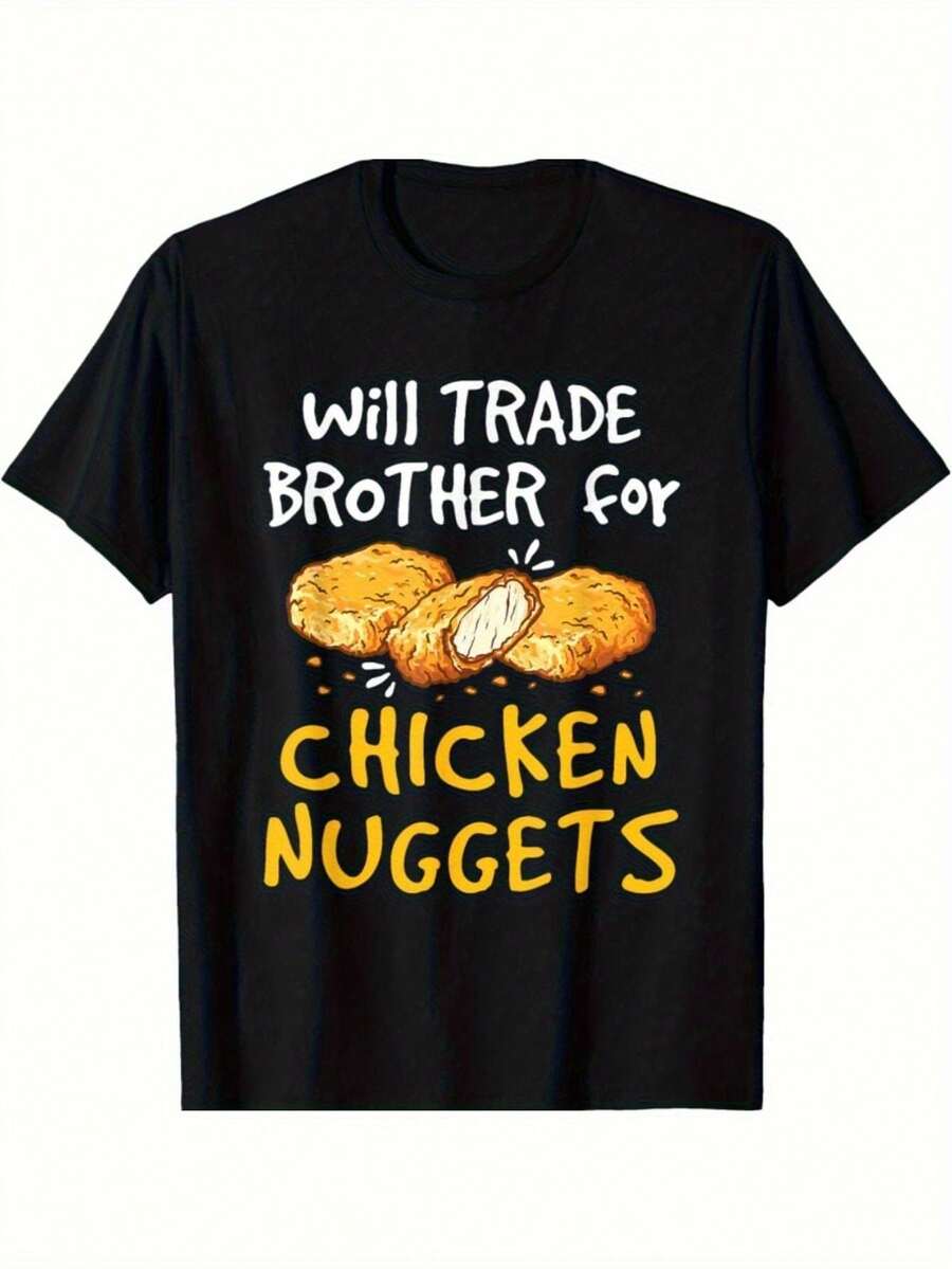 Funny Will Trade Brother for Chicken Nuggets Mens T-Shirt - Black with Yellow & White Fried Chicken Print,Lightweight Breathable Crew Neck Tee,Funny Fast Food Gift for Brother Swap Joke,Chicken Nugget Lovers Apparel - por defecto - Ver 1