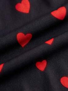 JTI Women's Sweet Bowknot Decor Round Neck Long Sleeve Heart Print A-Line Waist Tie Hem Short Dress, Black Cute Girly Style, Suitable For Valentine's Day Date - Black - View 6