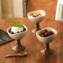 1pc High-Quality Thick Ceramic Creative Goblet, Retro Nut Cup, High Stem Ice Cream Cup, Home Living Room Tea Table Candy Snack Storage Cup, Japanese Simple Style Dessert Bowl - Clay + Brown - View 1