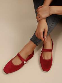 Sapatos femininos de bico quadrado, modelo Mary Jane, para primavera/outono, com tira e fivela de pérola sintética. Design minimalista e elegante em cores sólidas. - Vermelho - Ver 2