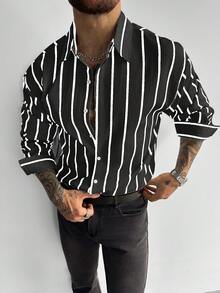 GloMan 男士经典黑白条纹长袖衬衫，亚麻质感休闲办公通勤衬衫，四季皆宜的复古风格，圣诞节和新年男士礼物 - 黑色 - 查看 6