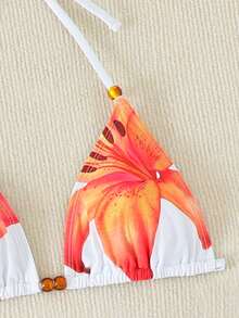 橙色百合印花三件套比基尼：挂脖泳衣、雪纺长裙、浪漫沙滩装 - 彩色 - 查看 4
