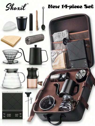 shoxil Bộ pha cà phê 14 món, bộ pha cà phê nhỏ giọt thủ công, bộ pha cà phê di động, dụng cụ pha cà phê nhỏ giọt ngoài trời, bao gồm túi lọc cà phê, chứa đầy đủ các vật dụng cần thiết để pha cà phê nhỏ giọt thủ công, không cần mua thêm bất cứ thứ gì khác.