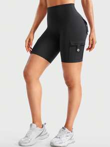 YEOREO CoreFlex Women Workout Biker Shorts With Cargo Pockets Hidden Scrunch High Waisted 8" Inseam Gym Shorts Summer Shorts For Women Black Shorts - 黑色 - 查看 6