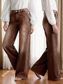 Quần jeans nữ cỡ lớn cạp cao ống rộng màu xanh dương, kiểu dáng thoải mái, ống đứng, thích hợp cho mùa thu/đông/xuân. - Cà phê nâu - Xem 2