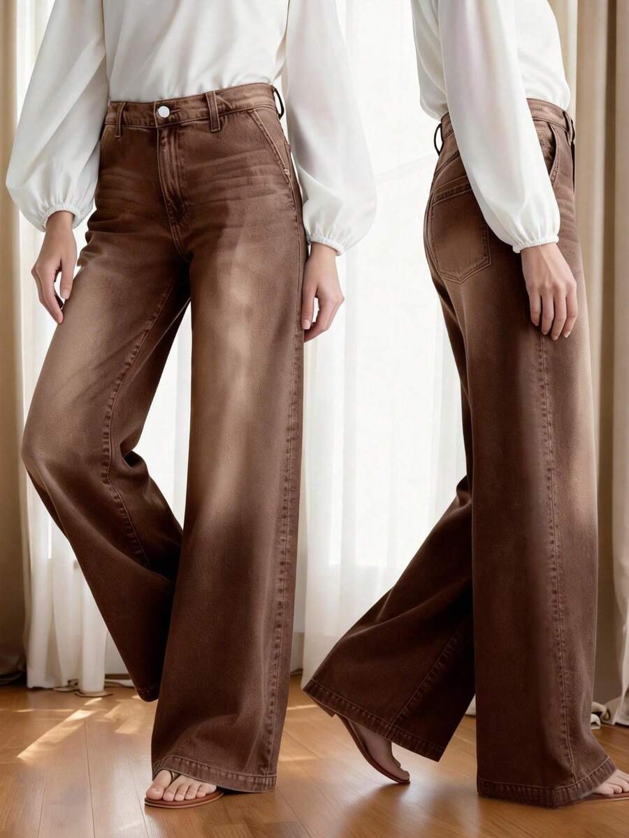 Quần jeans nữ cỡ lớn cạp cao ống rộng màu xanh dương, kiểu dáng thoải mái, ống đứng, thích hợp cho mùa thu/đông/xuân.