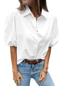 Women's Button Down Shirts Puff Sleeve Collared Dressy Casual Short Solid Color Blouse Tops - trắng - Xem 3