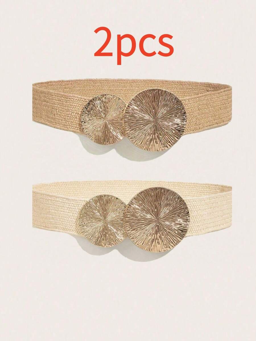 2pcs Women's Elastic Waist Belt, Bohemian Waist Belt, BOHO Golden Round Buckle Brown Beige Waist Strap Combination, Matching Skirts, Pants, Shirts, Suitable For Party, Festival, Birthday, Beach Holiday