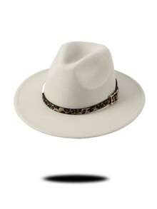1pc Gray Felt Fedora Hat, Wide Brim Design With Leopard Print Band & Metal Buckle Decor, Chic & Stylish For Casual, Commute, Street Wear, Unique & , Multi-Color Options To Match Various Outfits