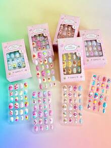 120pcs Square Cartoon Pattern Soft Gel Nail Stickers, Minimalist Style, Suitable For Girls And Kids, Super Cute DIY Fake Nails - Multicolor - View 3