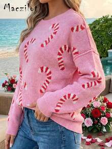 Women's Loose Crew Neck Sweater, Red & White Candy Cane Knit Top, Casual Layering For Valentine's Day, New Year, Date
