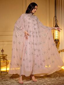 Elegant Rose Pink Robe With Beaded Embroidery, Stand Collar Long Batwing Sleeve Design, Woven Fabric, Non-Stretch, Flowing Drape - Pink - View 6