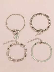 4pcs/Set Metallic Alloy Pendant Bracelet Snake Chain OT Clasp Minimalist Layered Jewelry Set - Bracelet Set - View 3