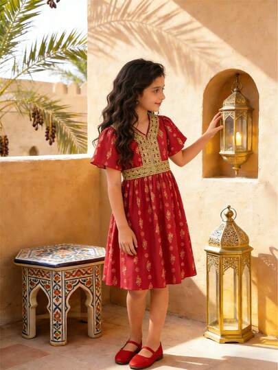 女童春夏新款斋月连衣裙，酒红色箔片花卉图案+蕾丝钩边，儿童传统刺绣正式连衣裙