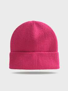 1ps White Knit Cuffed Beanie Hats For Women Winter Fur Knitted Caps Soft Slouchy Warm Snug Snow Ski Running Unisex Adult Knit Hat - Hot Pink - View 2