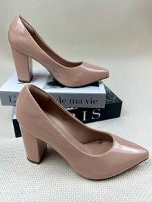 Women's Patent Leather High Block Heel Pump (9.5 Cm) Elegant And Comfortable Winter 2026 Black, Red, Nude, Pink, Blue, , Pink - 乾枯玫瑰色 - 查看 2