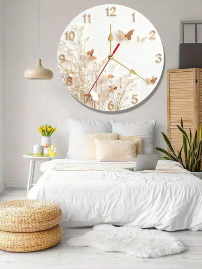 Minimalist Floral & Butterfly Wall Clock - Silent Non-Ticking Modern Round Wooden Battery Operated Wall Clock (Batteries Not Included), Beige Dial, Red & Gold Hands - Elegant Home Decor, Suitable For Living Room, Bedroom - Great Birthday, Housewarming, Wedding Gift - Pastel Decorative Clock, Fashion Wall Clock, Bedroom Wall Clock, Clock Wall Art, Cute Wall Clock, Retro Non-Ticking Wall Clock, Durable Material, Well-Crafted, 2D Flat