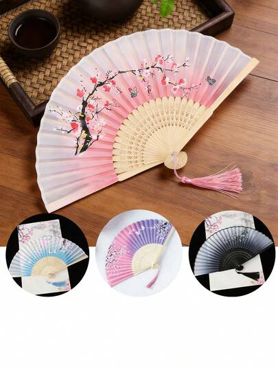 1把优雅樱花丝绸折扇，便携式竹制手扇，适合女性使用，夏季降温，婚礼派对礼物，舞蹈表演道具，适用于婚礼、茶道、成人夏季派对、家居装饰和节日礼物
