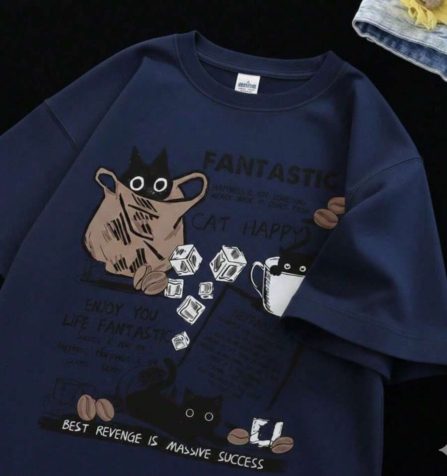 Women's Basic Cotton T-Shirt Cat Fantastic Happy Shirt 100% Cotton Premium Line - Màu xanh hải quân - Xem 1