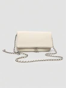 1pc Women's Chain Shoulder Bag, Crossbody Bag, Litchi Grain Underarm Bag With Chain, Minimalist Fashion Small Square Bag, Shoulder & Crossbody Bag With Adjustable Strap - 象牙色 - 查看 4