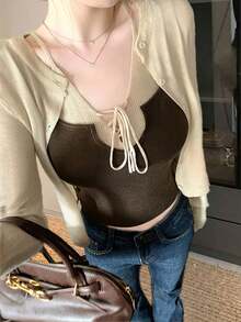 Set de 2 piezas: Chaqueta de cárdigan de punto sexy + Top de camisola con lazo, para primavera/verano