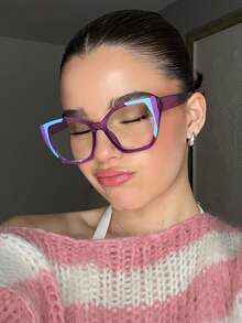 1 PC Women's Polycarbonate Bohemian Retro Color-Blocked Cat-Eye Glasses Frame For Office Work And Daily Reading With Glasses Box - 彩色 - 查看 11