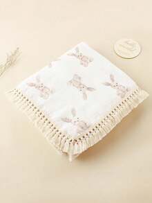1pc Soft & Breathable Cute Rabbit Print Tasseled Bohemian Style Double-Layer Cotton Muslin Blanket, Swaddle, Stroller Cover, Bath Towel For Baby & Kids