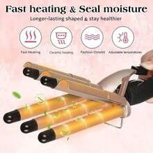 Rizador de pelo de 3 en 1 con doble onda, ondulador de triple barril, herramienta de peinado de onda de calentamiento rápido apta para todo tipo de cabello - Dorado - Ver 4