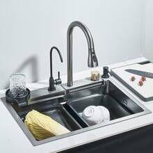 60*46 Cm Waterfall Sink, 304 Grey Stainless Steel, Single-Lever Mixer Tap, Single Bowl Sink For Family Kitchens With Complete Accessories - 槍灰色 - 查看 2