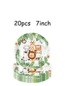 10/20/40/50/60/80pcs Disposable Paper Tableware Set Jungle Safari Wild One Party Supplies: 80 Pieces Set Of Paper Plates, Cups, And Napkins For First Birthday Party Decorations - Multicolor - View 2