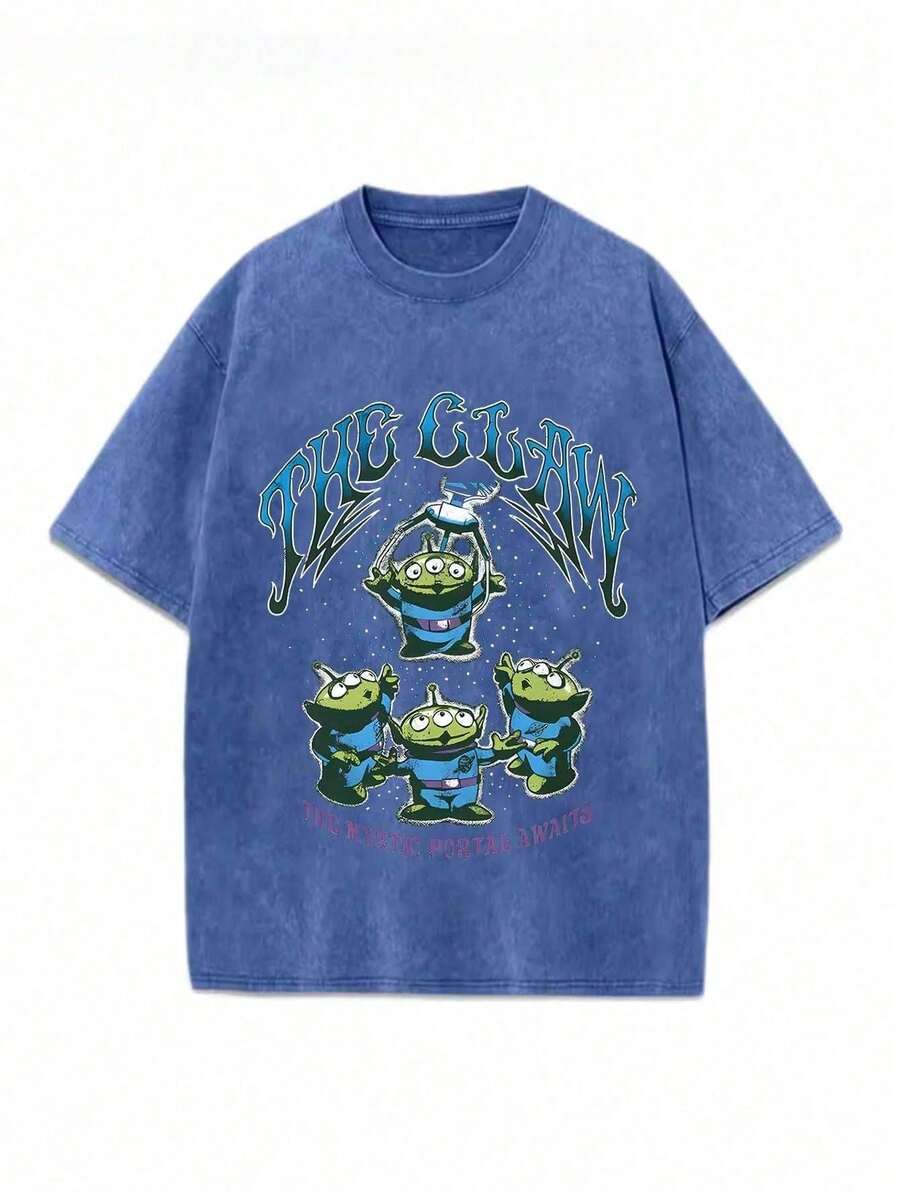 Disney Disney Toy Story Pizza Planet Pattern Street Style 100_ Pure Cotton Vintage Round Neck Pullover, Comfortable Round Neck T-Shirt, Suitable For Travel And Vacation, Unisex. - 寶藍色 - 查看 1