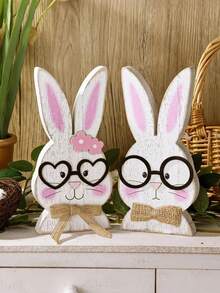 两件套复活节木制兔子装饰摆件，每只兔子都戴着时尚眼镜。采用耐用优质木材制成，表面涂层持久亮丽。适用于节日装饰、复活节装饰、壁炉架摆件、桌面摆件、复活节彩蛋游戏和春季家居装饰。 - 彩色 - 查看 6
