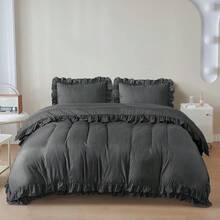 Stylish 3pcs Frilled Duvet Cover Set | 3pcss Ruffle Bedding Set With 2 Pillowcase Frills Duvet Cover With Button Closure Soft Microfiber Duvet Cover Set - Navy Blue - View 8
