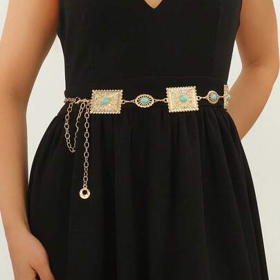 Vintage Metal Floral Pattern Waist Chain, Versatile For Dresses, Suits, Accessories, Agate Stone Decor, Leopard Print, Punk, Boho, Retro Palace Style, Party, Cute Zinc Alloy European And American Western Carved Geometric Turquoise Metal Waist Belt, Heavy-Duty Square Retro Versatile Waist Strap, Suitable For Spring, Summer, Autumn, Winter