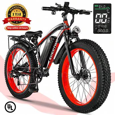 EOEOTWO 1500W Peak Motor Electric Bicycle With Front Suspension 48V 15AH Battery 26"X 4.0 Inch Tires 34+ MPH Speed 70 Miles Range For Snow Mountain Road Riding