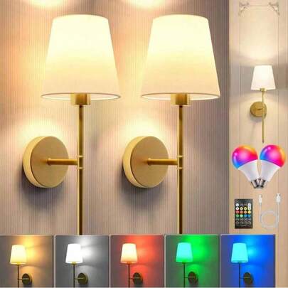 2pcs Cordless Wall Lamps With Rechargeable Dimmable LED And Remote Control - Wireless Plug And Play, Modern Semi-Flush Mount Metal Wall Sconces For Bedroom, Living Room, Hallway (No Wiring Required) - Batteries Included