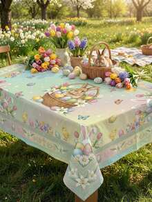 1 chiếc khăn trải bàn Phục Sinh vẽ màu nước – Thiết kế tôn giáo "Chúa đã sống lại" với hình thỏ, trứng và hoa mùa xuân | Chống nhăn và dễ lau chùi, vải polyester bền | Hoàn hảo cho bữa ăn trong nhà, tiệc ngoài trời và các buổi họp mặt gia đình theo đạo Cơ đốc. - Nhiều màu - Xem 2