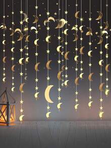 4pcs-Star & Moon Banner Flag Set, Ramadan Pendant, Gold Moon & Star Wreath, Ramadan Mubarak Decorations, Shiny Little Stars, Moon Theme Birthday Party Decor, Graduation Ceremony Decor, Starry Sky New Year Banner, Hanging Stars, Baby Shower, Eid Decoration, Bedroom Wall Sticker And Living Room Beautification - Gold - View 4