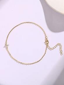 1条时尚简约金色铜链镶嵌锆石四叶草脚链，适合女性海滩、度假、休闲场合佩戴 - 金黃色 - 查看 5