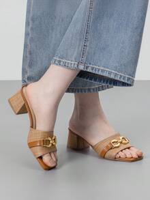 Athlefit Women's Raffia Heeled Sandals Square Open Toe Slip On Mules Chunky Block Heels With Metal Chain For Summer Vacation - Brown Raffia - View 4
