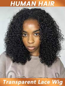 4*4蕾丝闭合假发，蓬松卷曲波波头蕾丝前额假发，预先拔毛，带婴儿发，透明蕾丝假发，适合女性日常佩戴，200%密度 - Natural Black - 查看 2