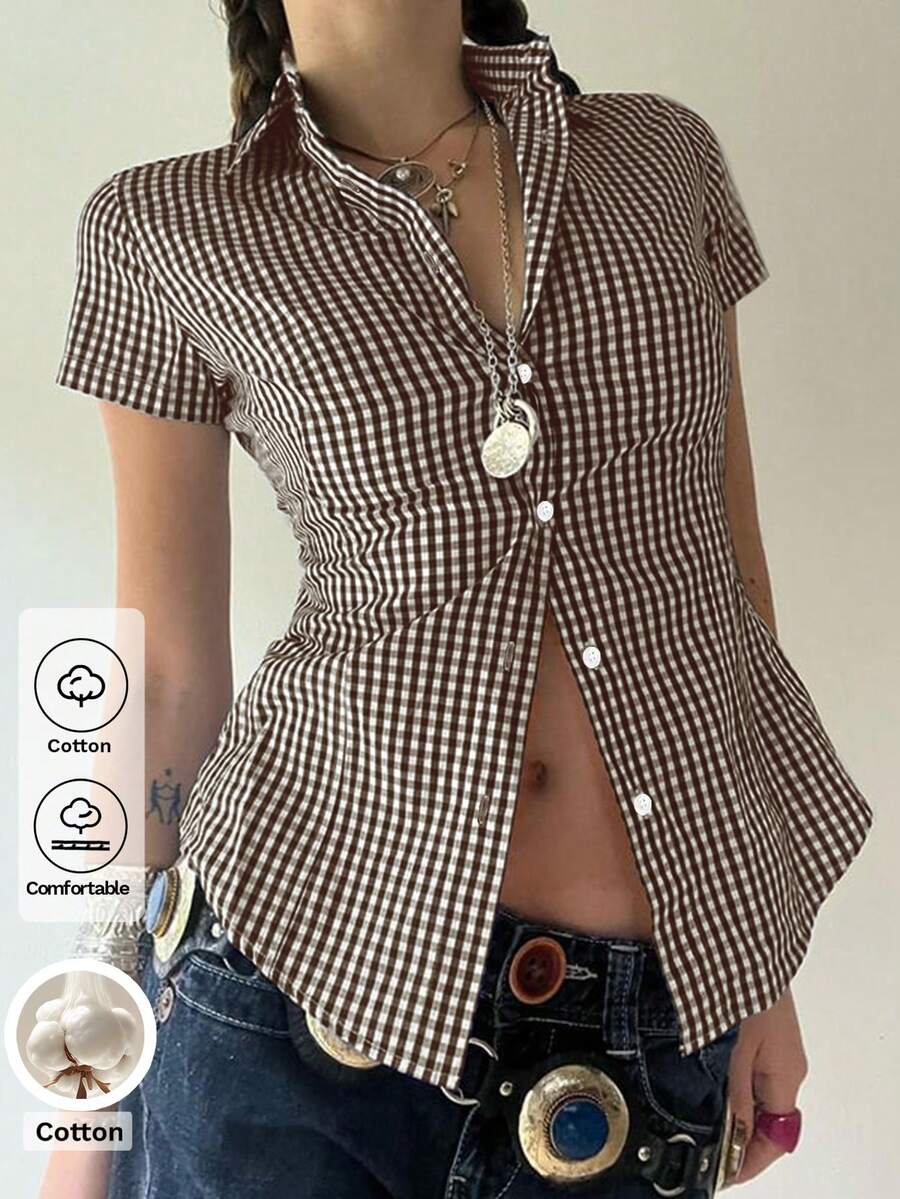 阳光少女风春季情人节女装Y2K返校季棉质修身翻领短袖衬衫，带纽扣，棕色格子学院风上衣