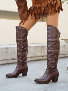 Women's Fashion Side Zipper Western Over-The-Knee Chunky Heel Cowboy Boots, Western Embroidered Retro Chunky Heel Mid-Calf V-Cut Riding Boots, Fashionable Boots - Brown - View 4